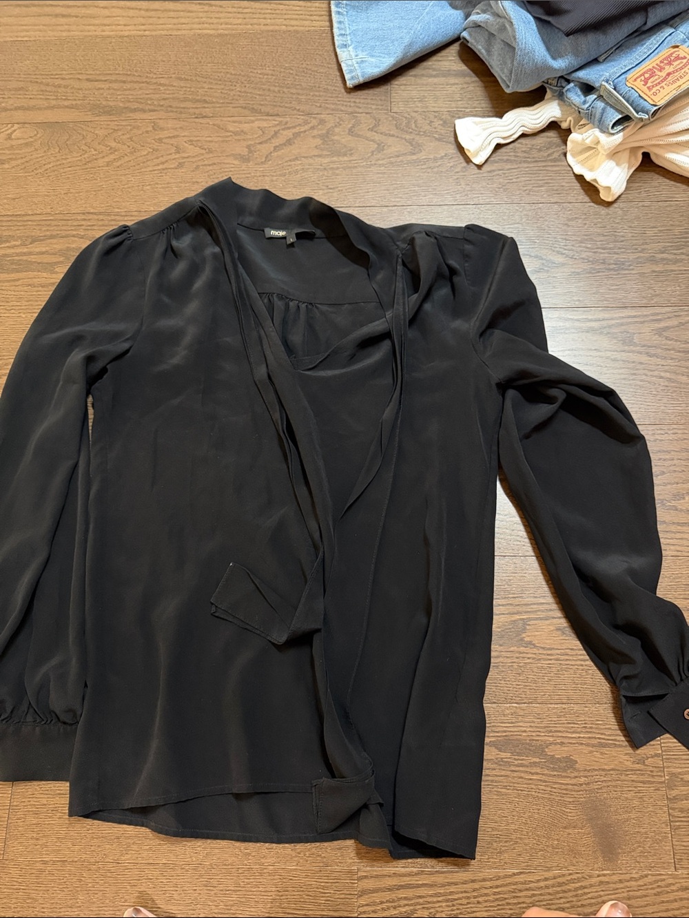 Maje Black Tie-Neck Long Sleeve Silk Blouse